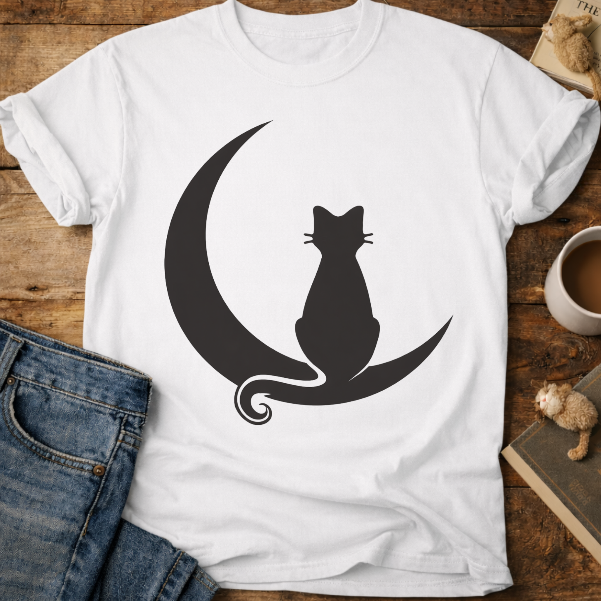 Cat on Crescent Moon T-Shirt