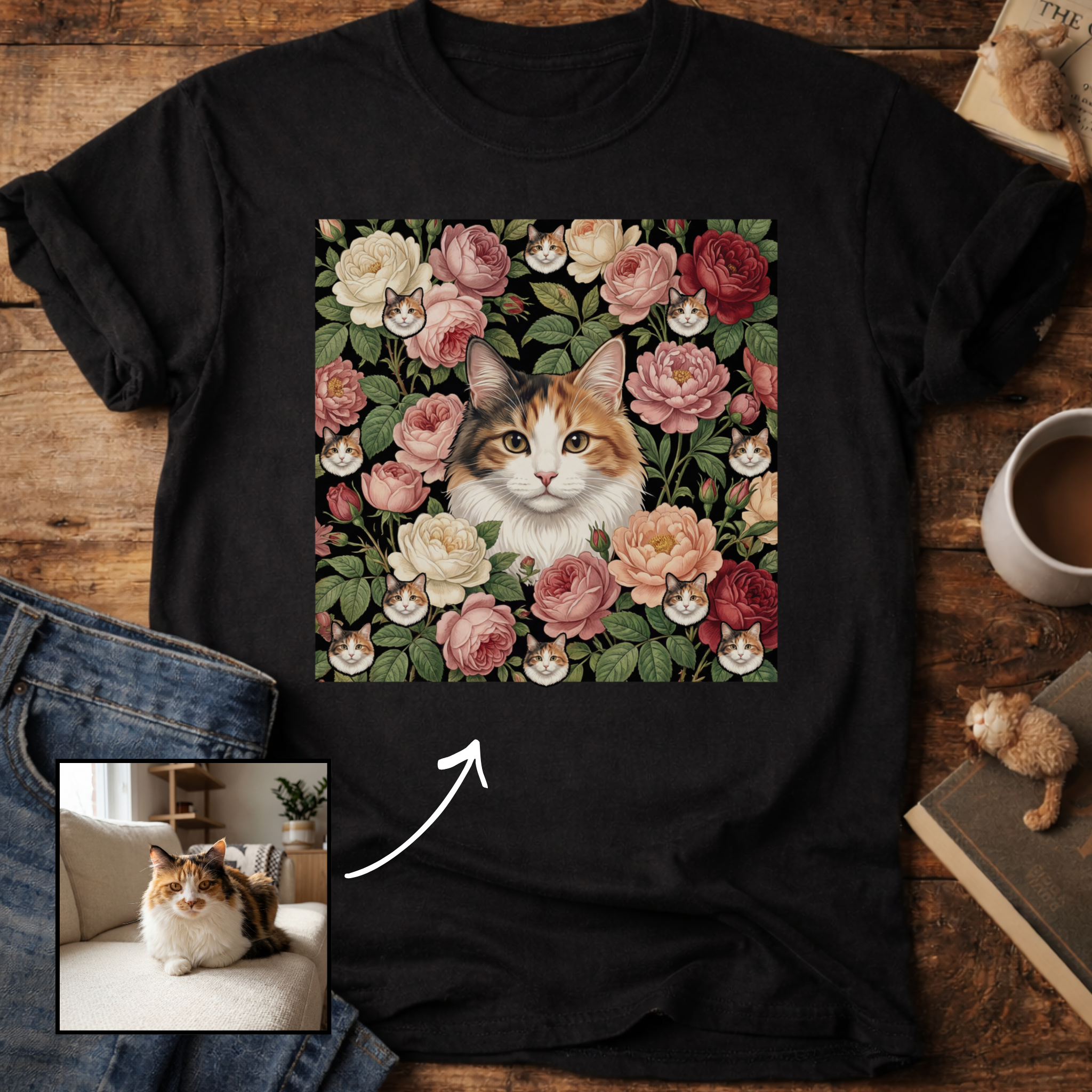 Personalized Floral Cat Portrait T-Shirt