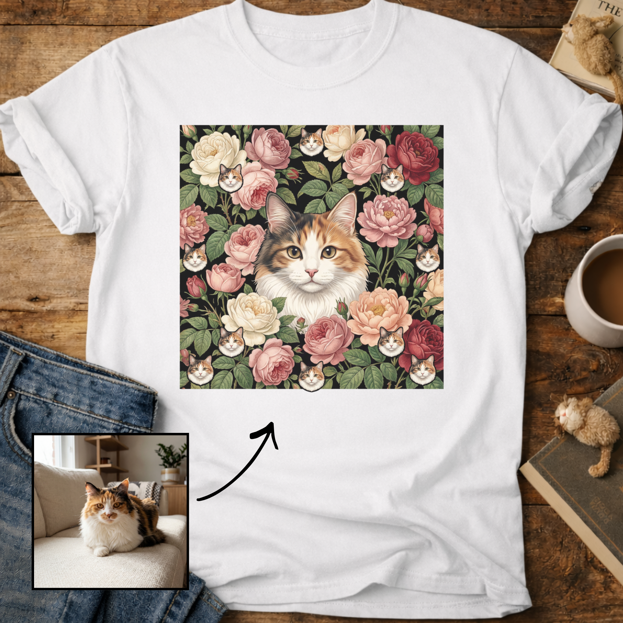 Personalized Floral Cat Portrait T-Shirt