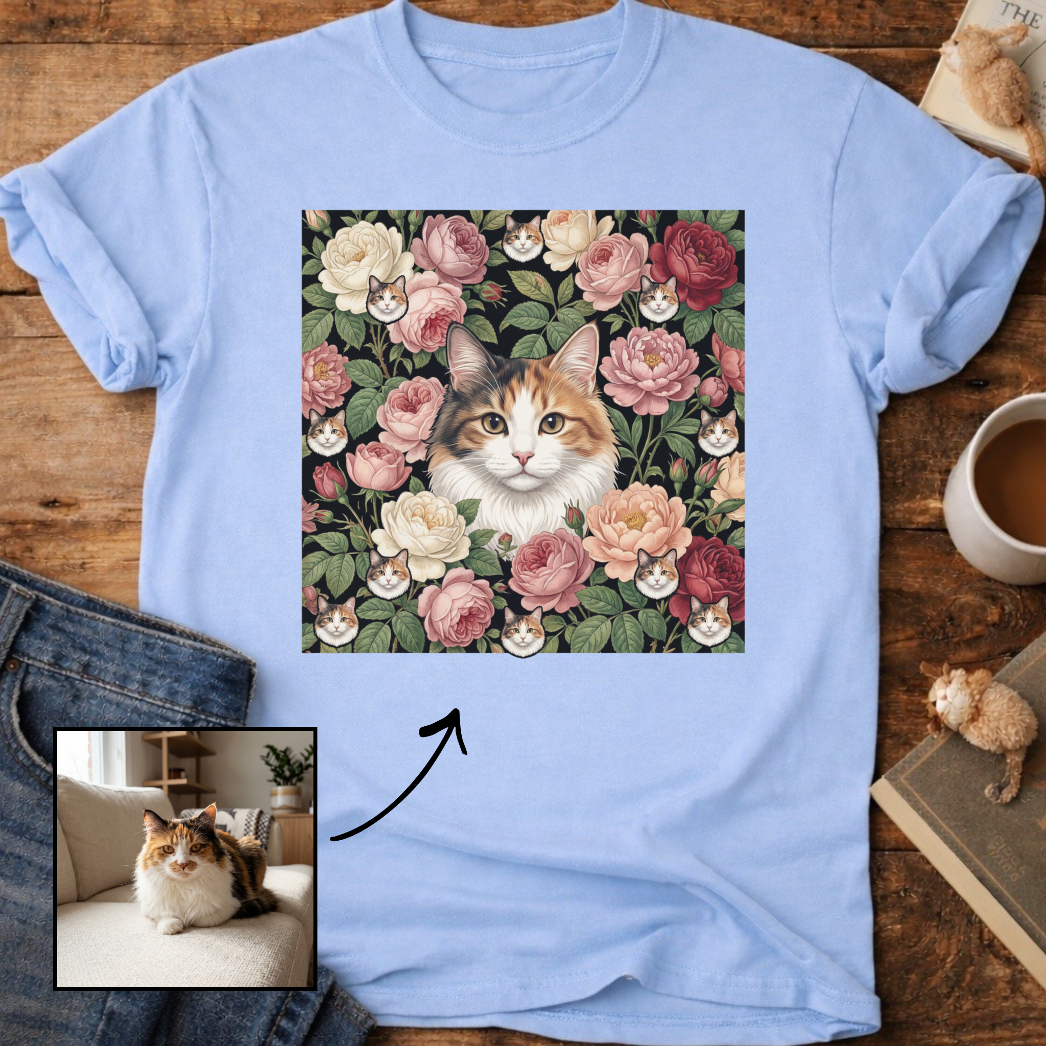 Personalized Floral Cat Portrait T-Shirt