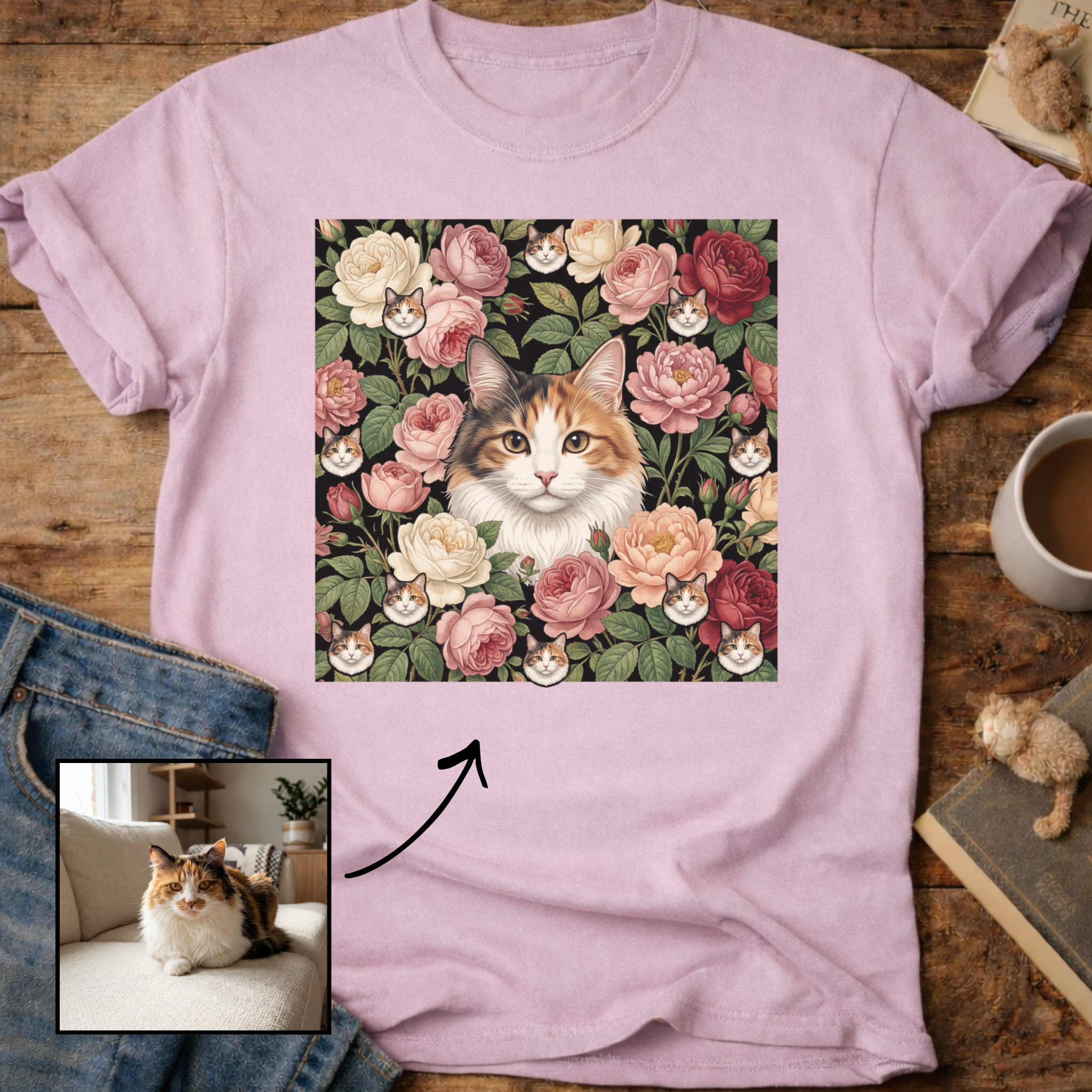 Personalized Floral Cat Portrait T-Shirt