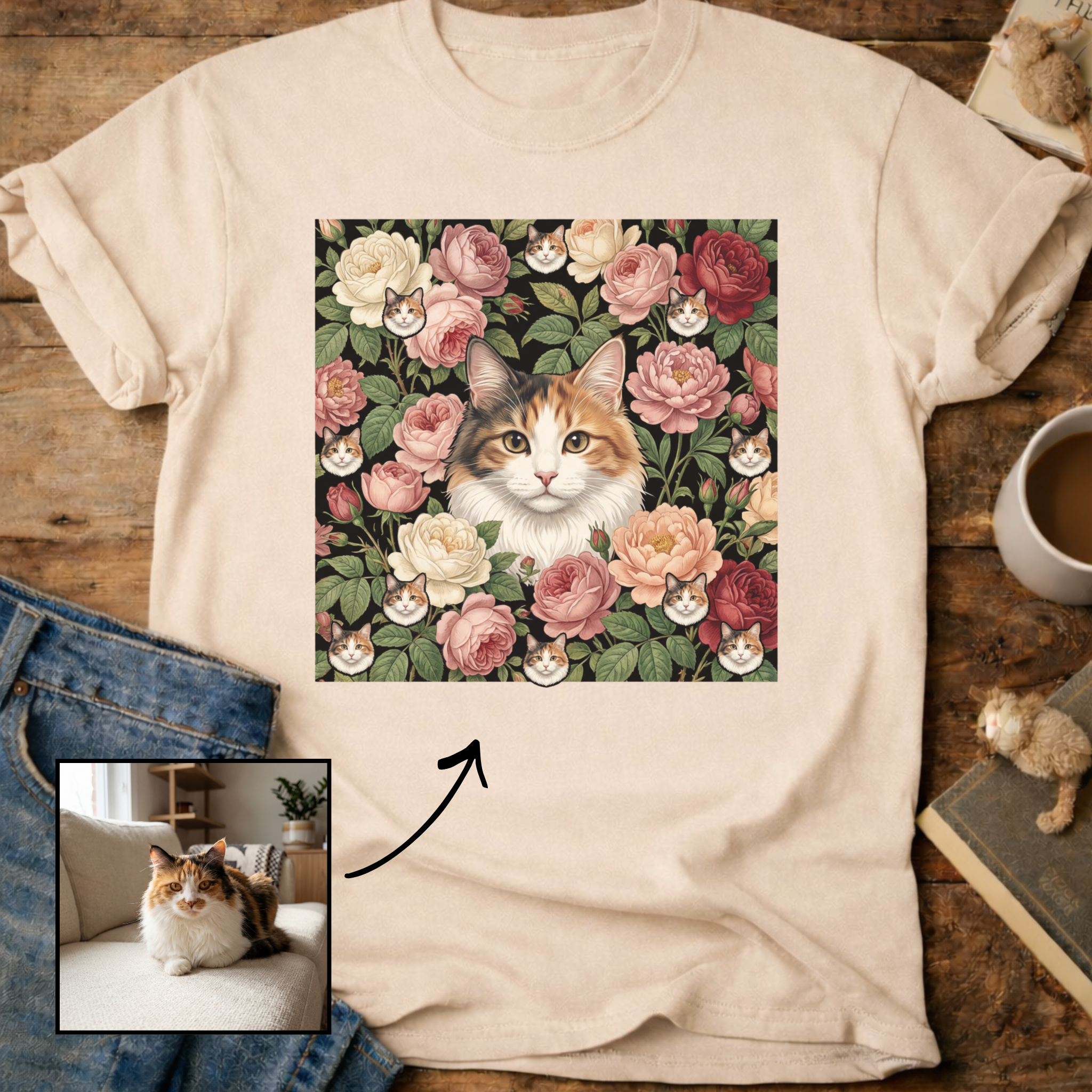Personalized Floral Cat Portrait T-Shirt