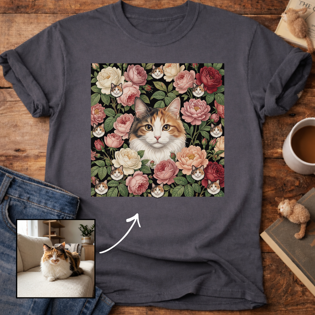 Personalized Floral Cat Portrait T-Shirt