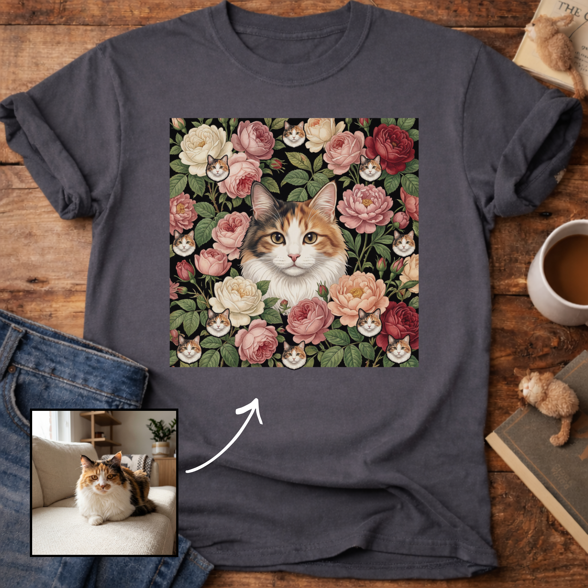 Personalized Floral Cat Portrait T-Shirt