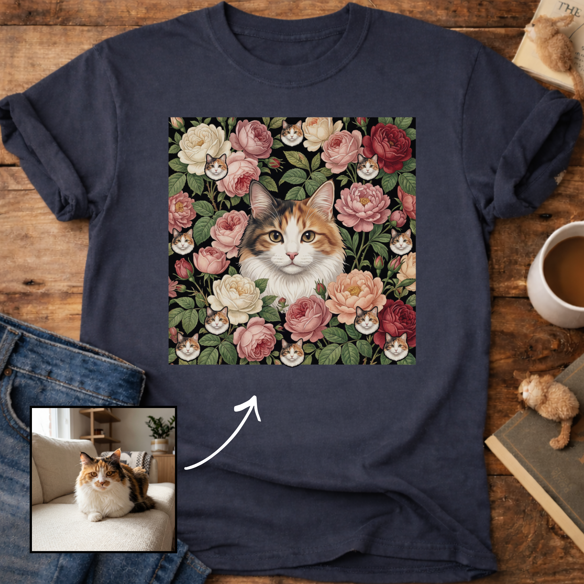 Personalized Floral Cat Portrait T-Shirt