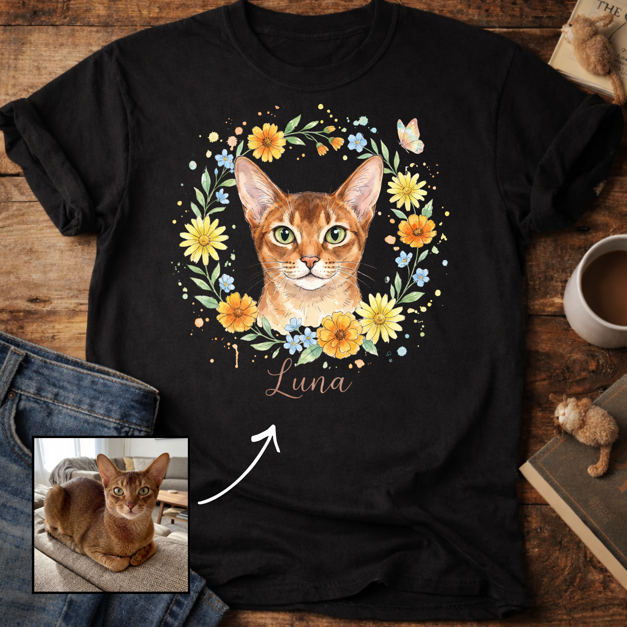 Floral Cat Design Customizable Personalized T-Shirt