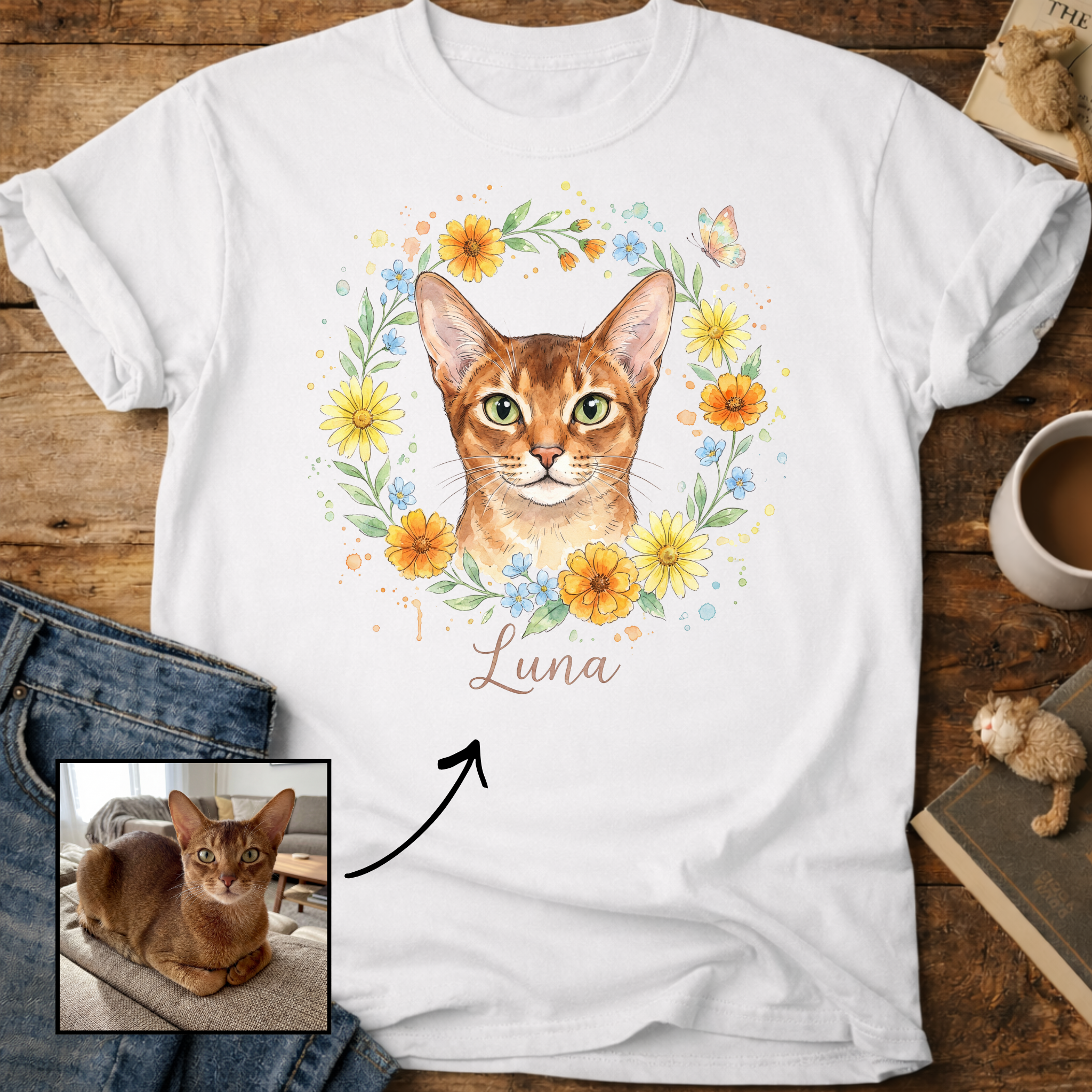 Floral Cat Design Customizable Personalized T-Shirt