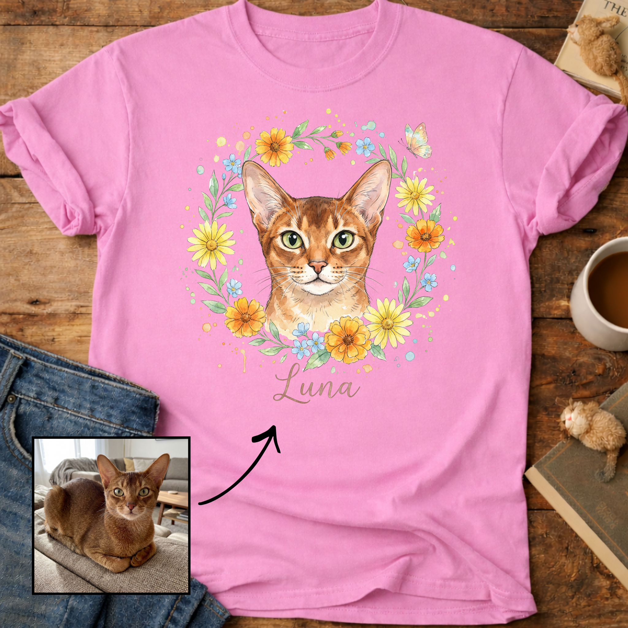 Floral Cat Design Customizable Personalized T-Shirt
