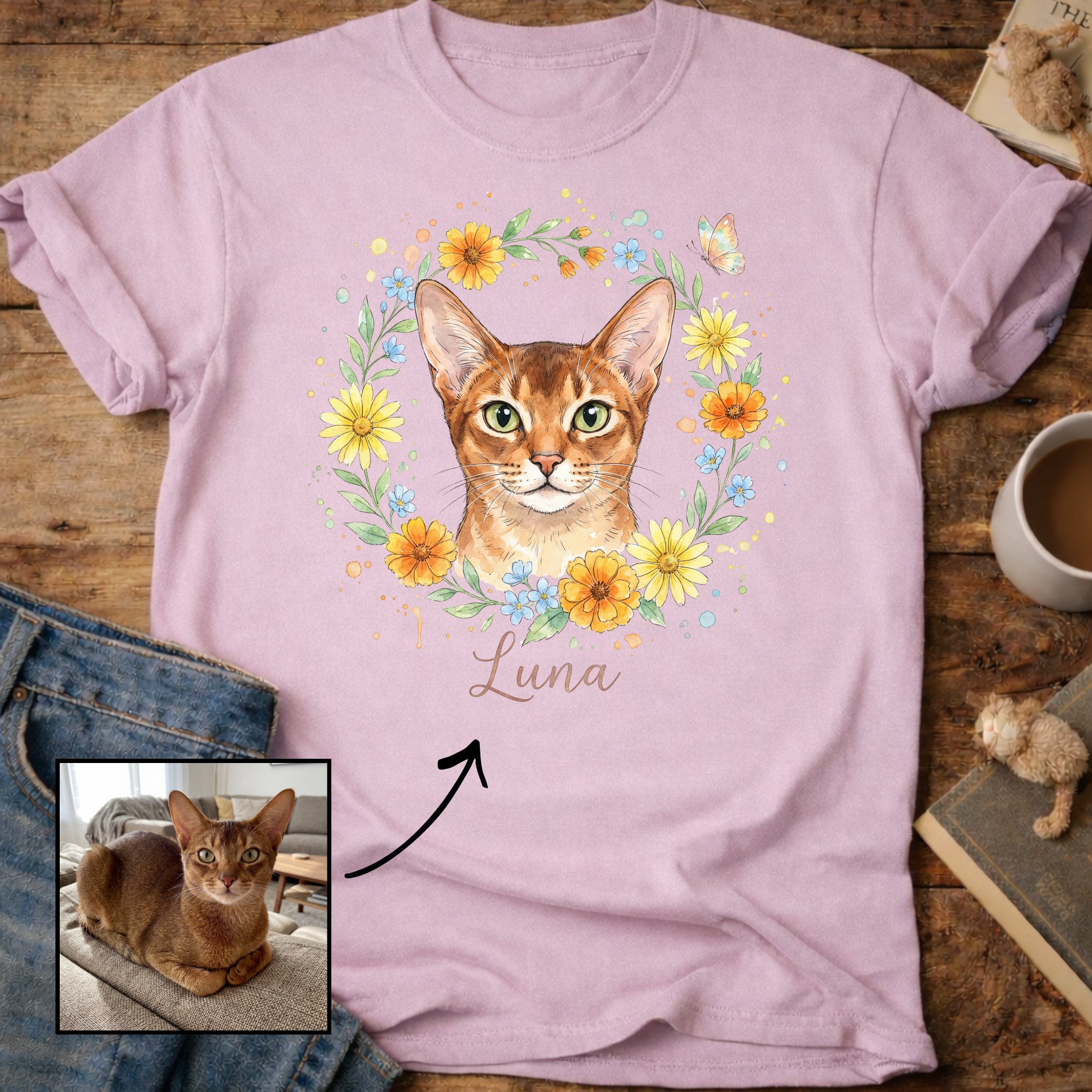 Floral Cat Design Customizable Personalized T-Shirt