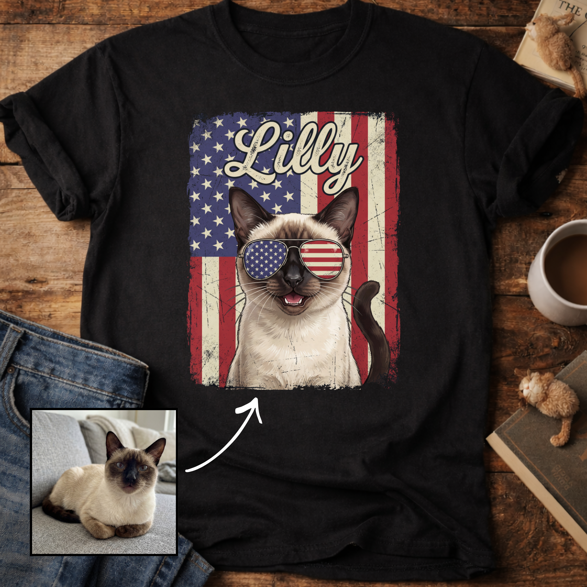 Personalized Patriotic Flag T-Shirt Cat Customizable