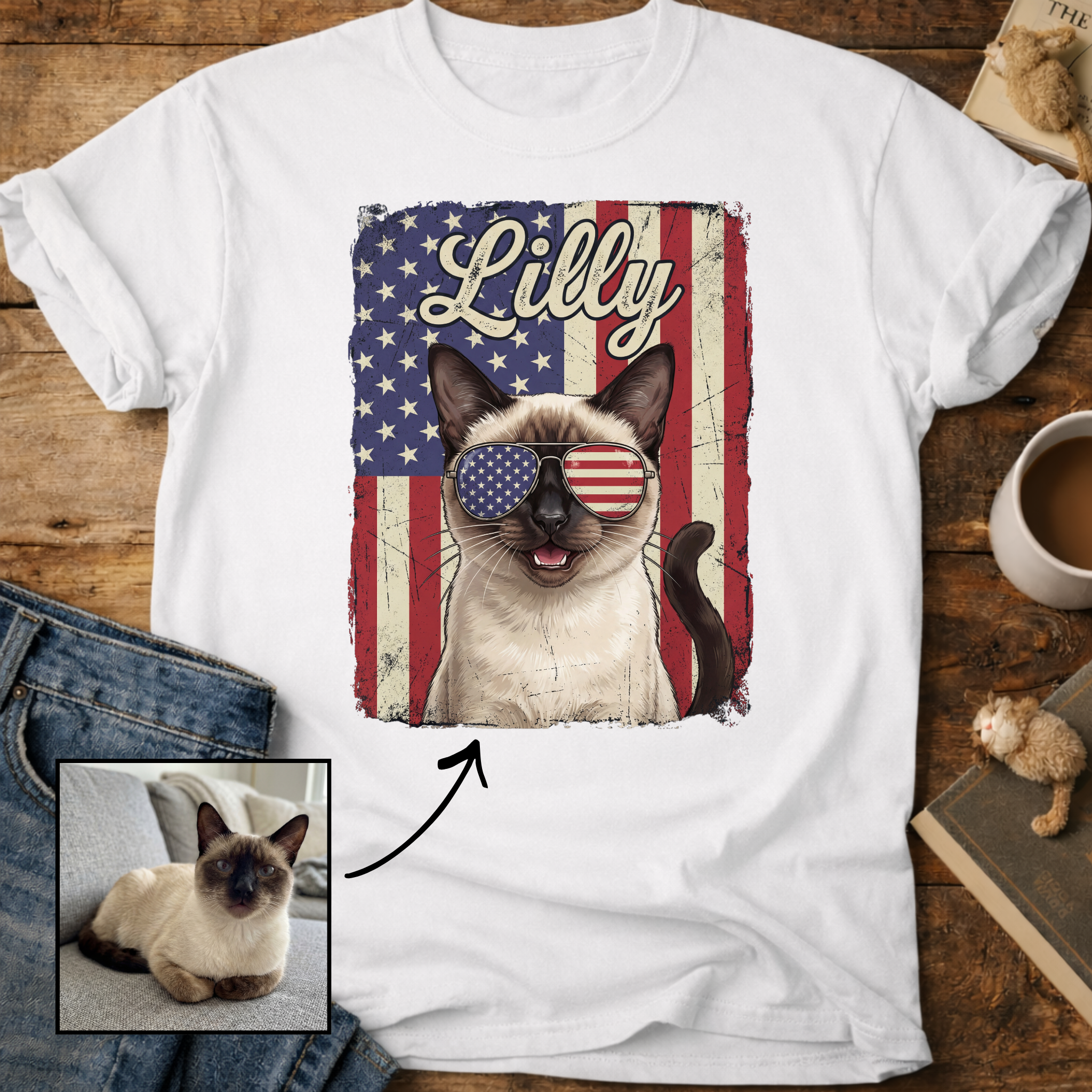 Personalized Patriotic Flag T-Shirt Cat Customizable