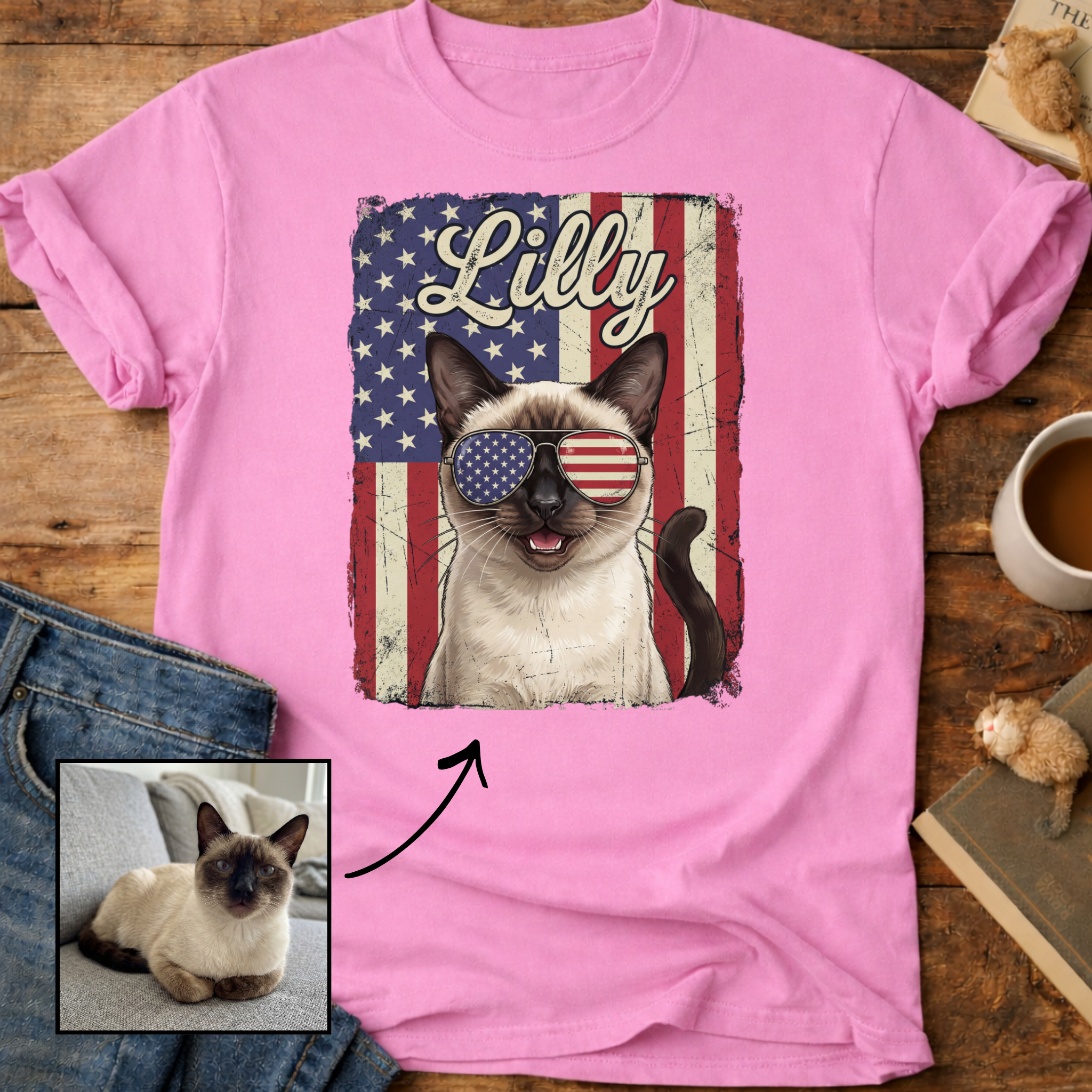 Personalized Patriotic Flag T-Shirt Cat Customizable