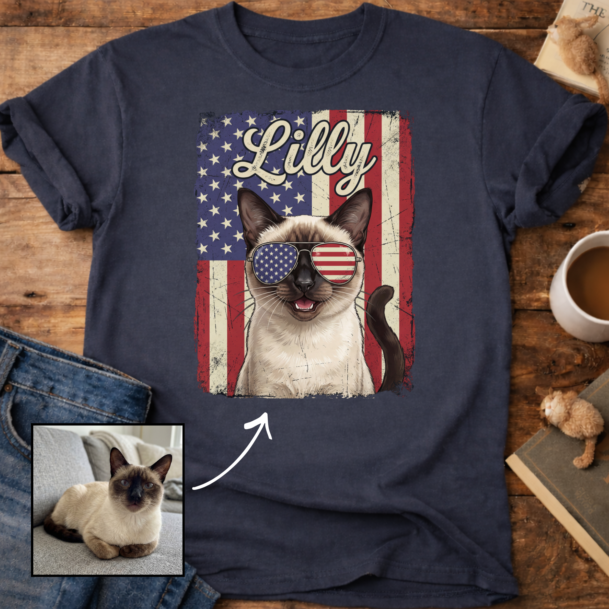 Personalized Patriotic Flag T-Shirt Cat Customizable