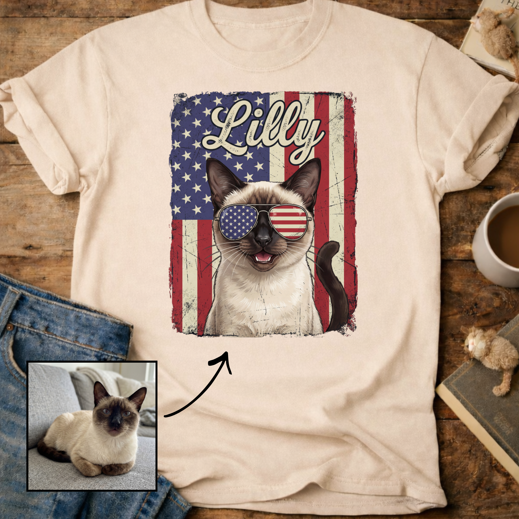 Personalized Patriotic Flag T-Shirt Cat Customizable