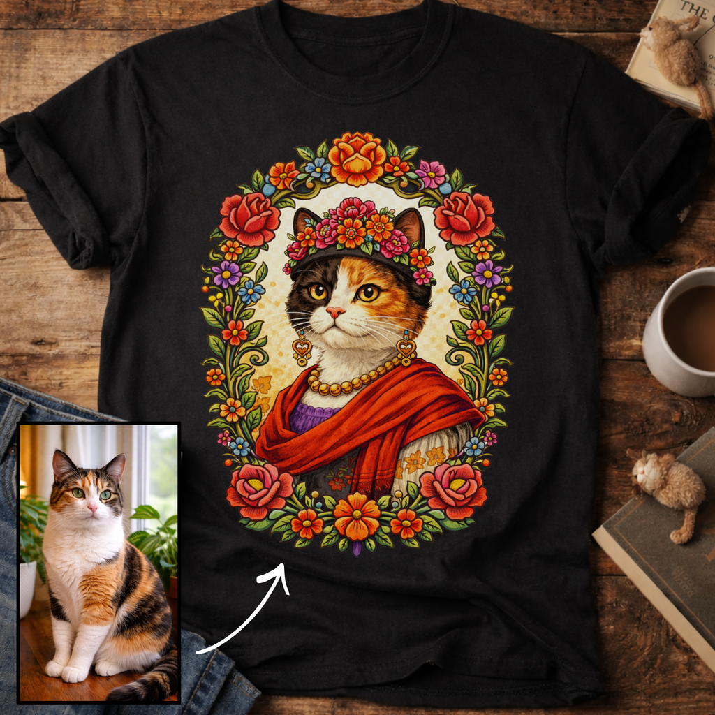 Floral Muse Cat Art Portrait Personalized T-Shirt