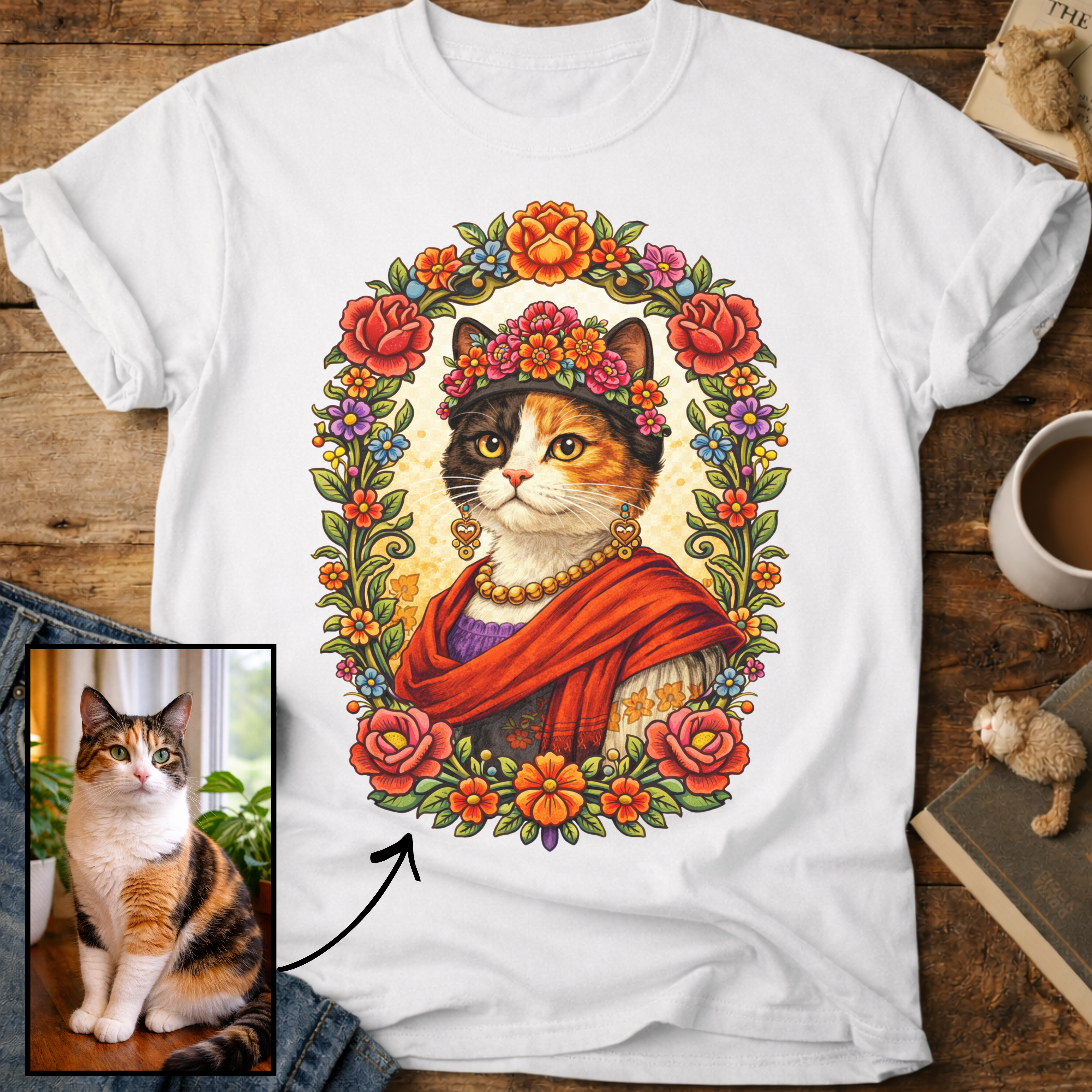 Floral Muse Cat Art Portrait Personalized T-Shirt