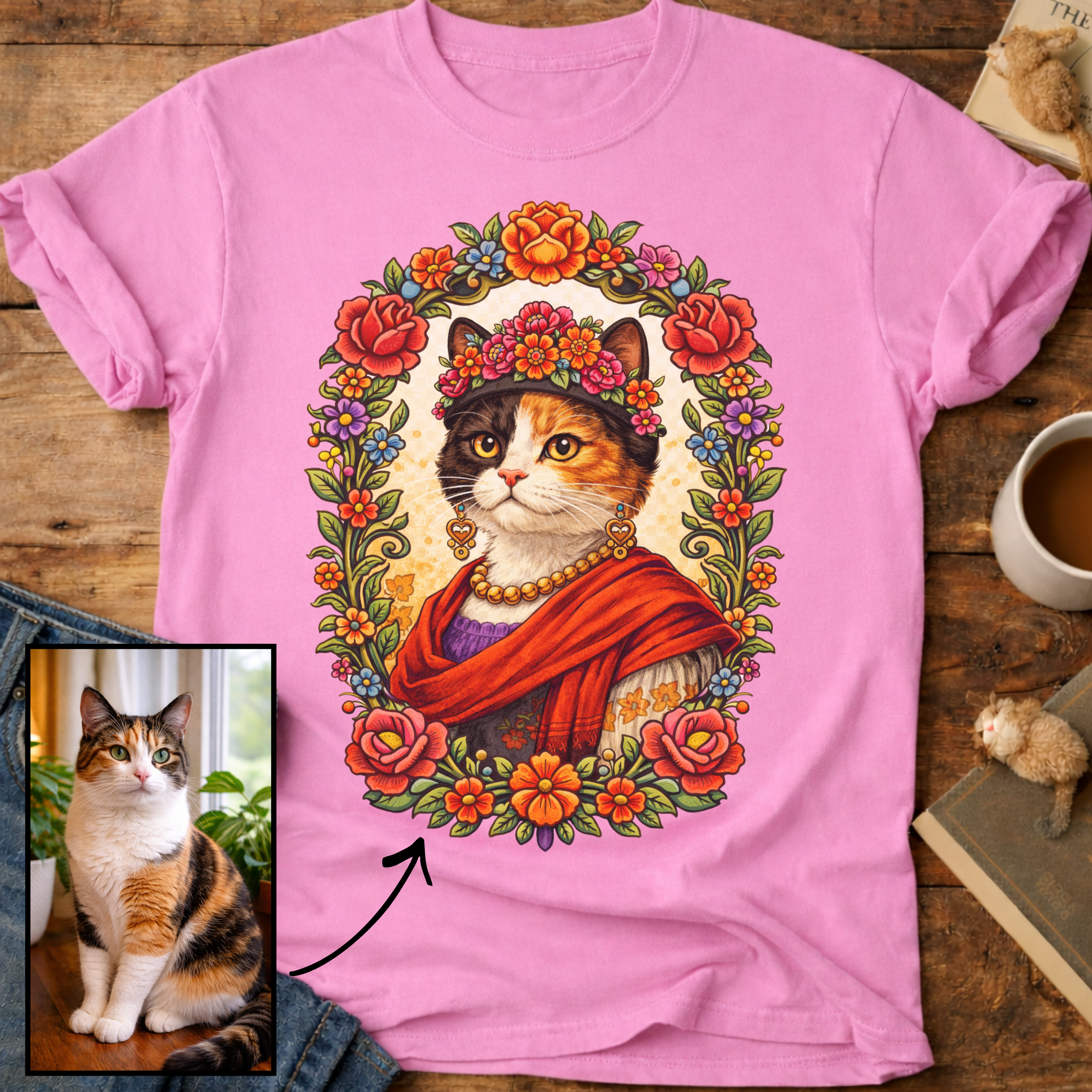 Floral Muse Cat Art Portrait Personalized T-Shirt