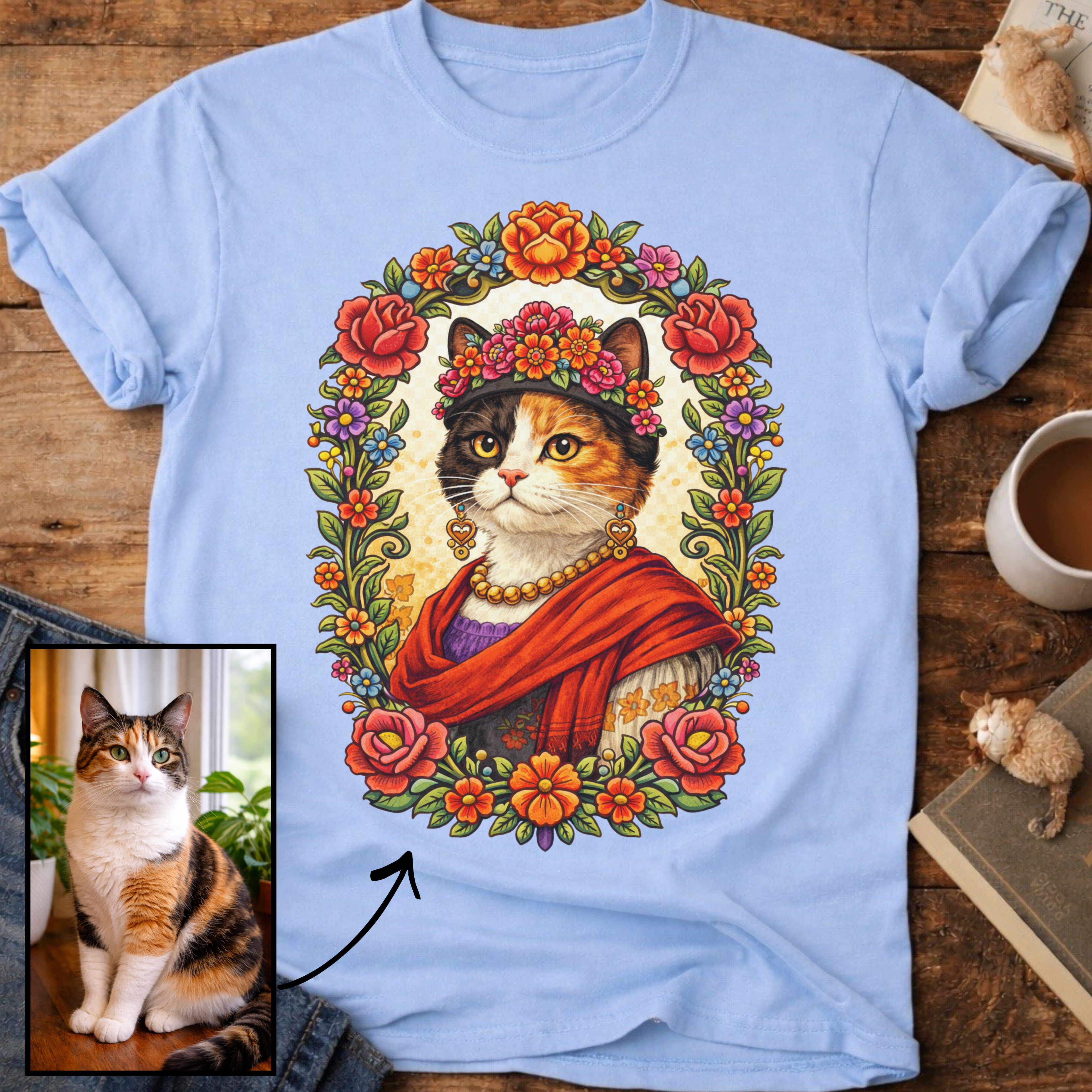 Floral Muse Cat Art Portrait Personalized T-Shirt