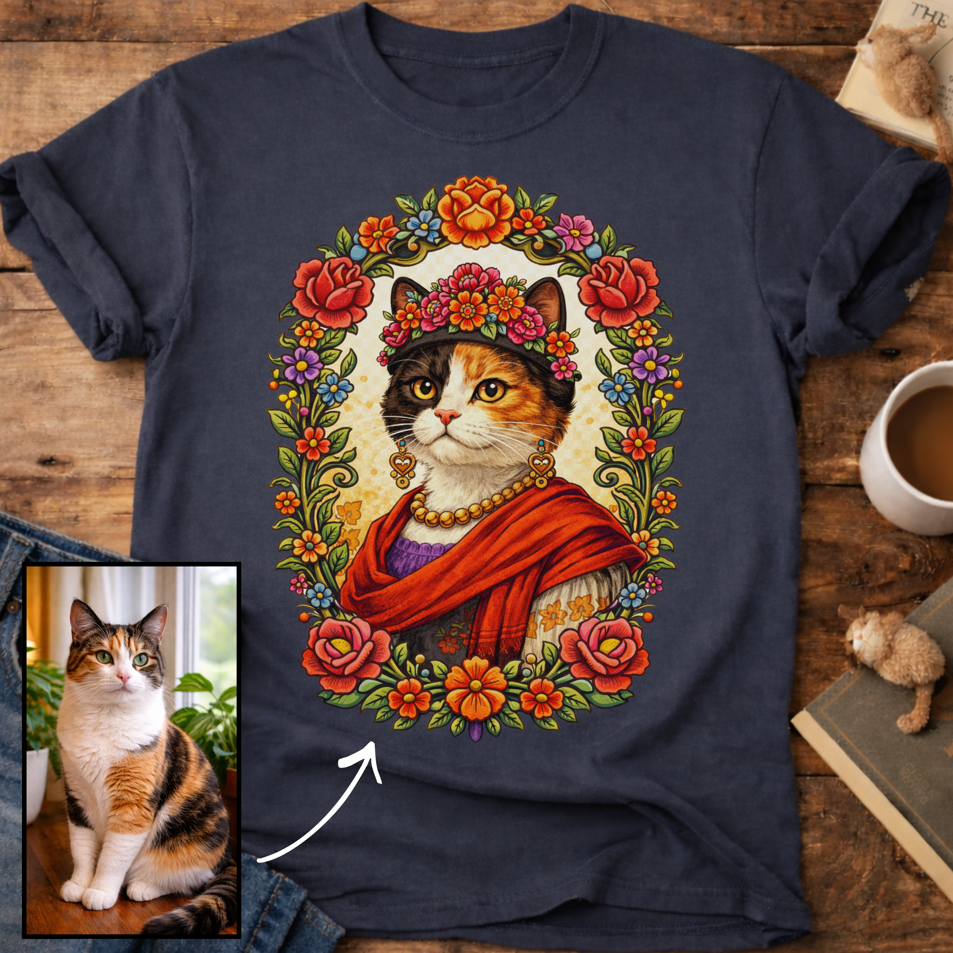 Floral Muse Cat Art Portrait Personalized T-Shirt
