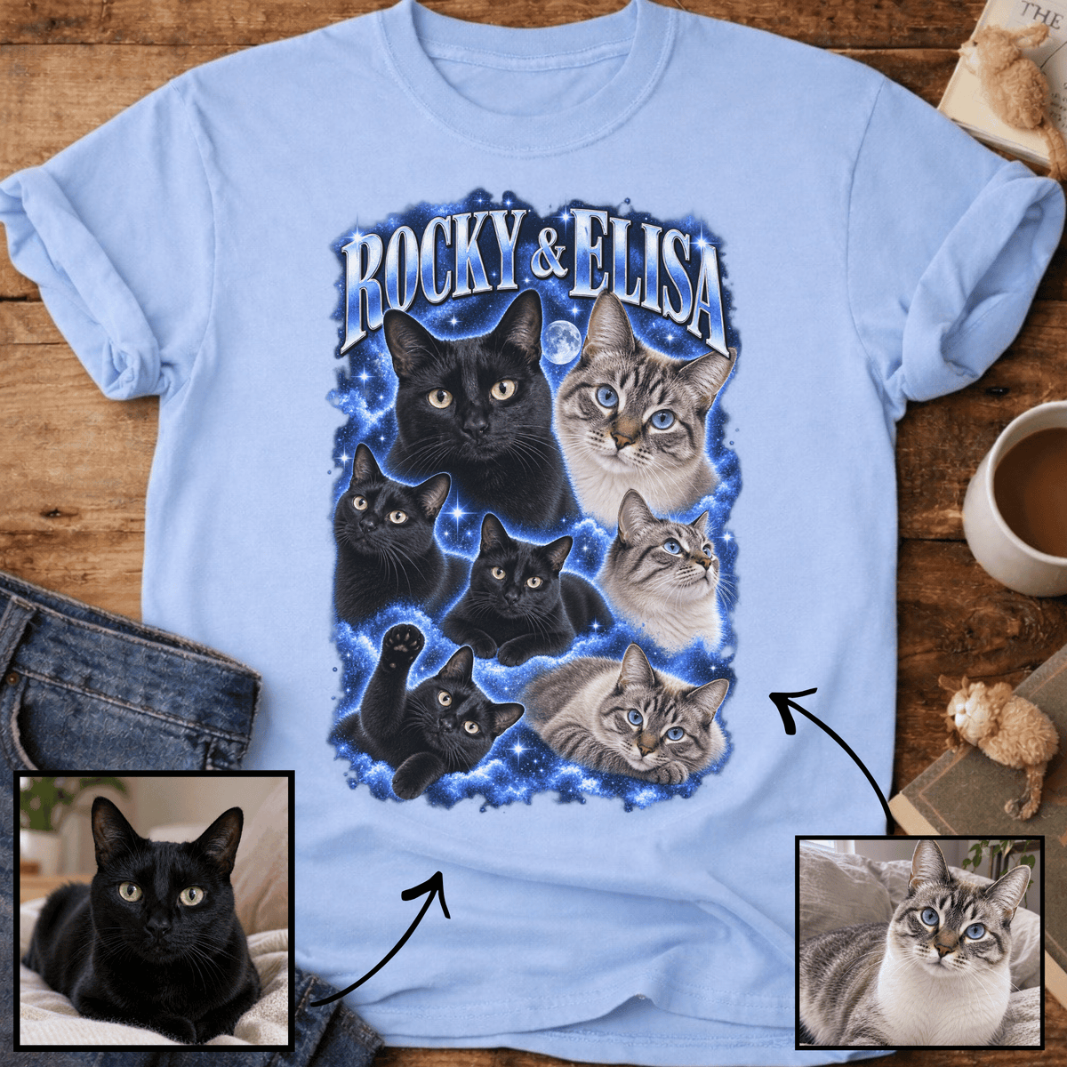 Personalized Cat Portrait T‑Shirt — Custom Pet Names Tee