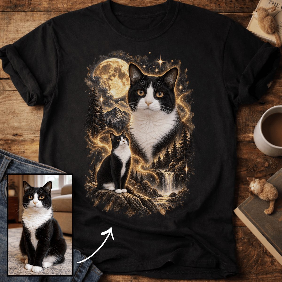 Cat Personalized Moon T-Shirt —Custom Cat with Full Moon Graphic