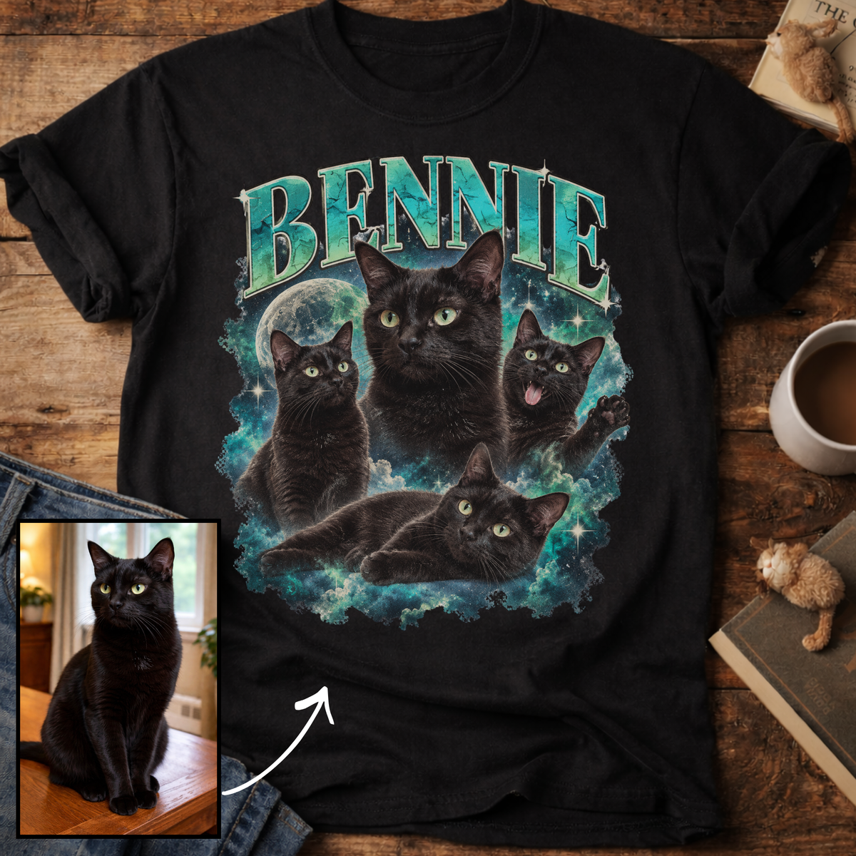 Custom Cat Portrait T-Shirt — Personalized Cat Moon Graphic Tee