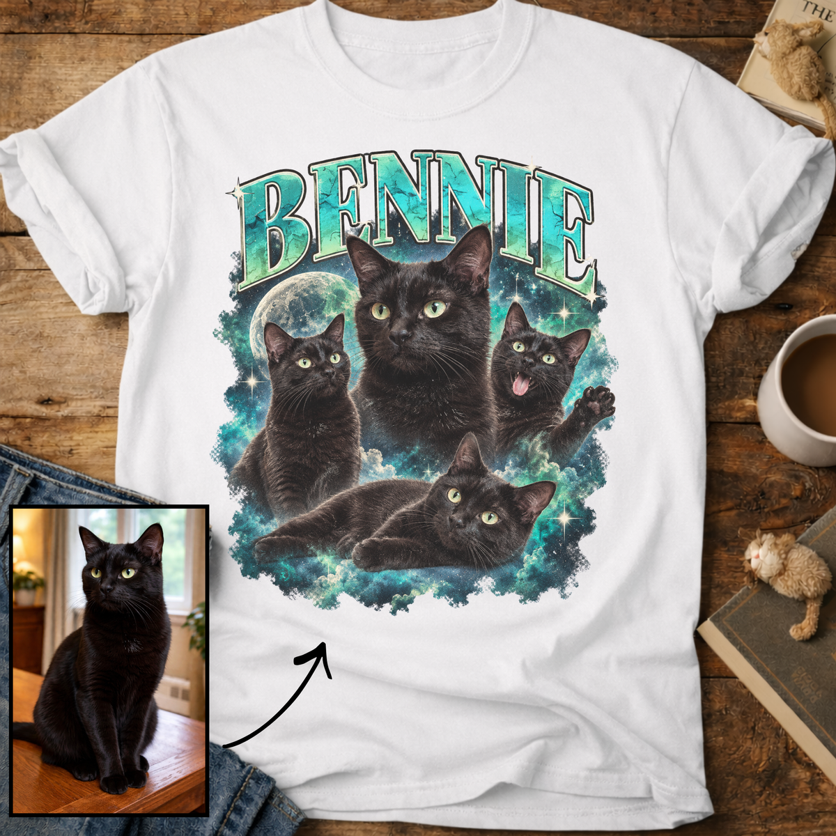 Custom Cat Portrait T-Shirt — Personalized Cat Moon Graphic Tee