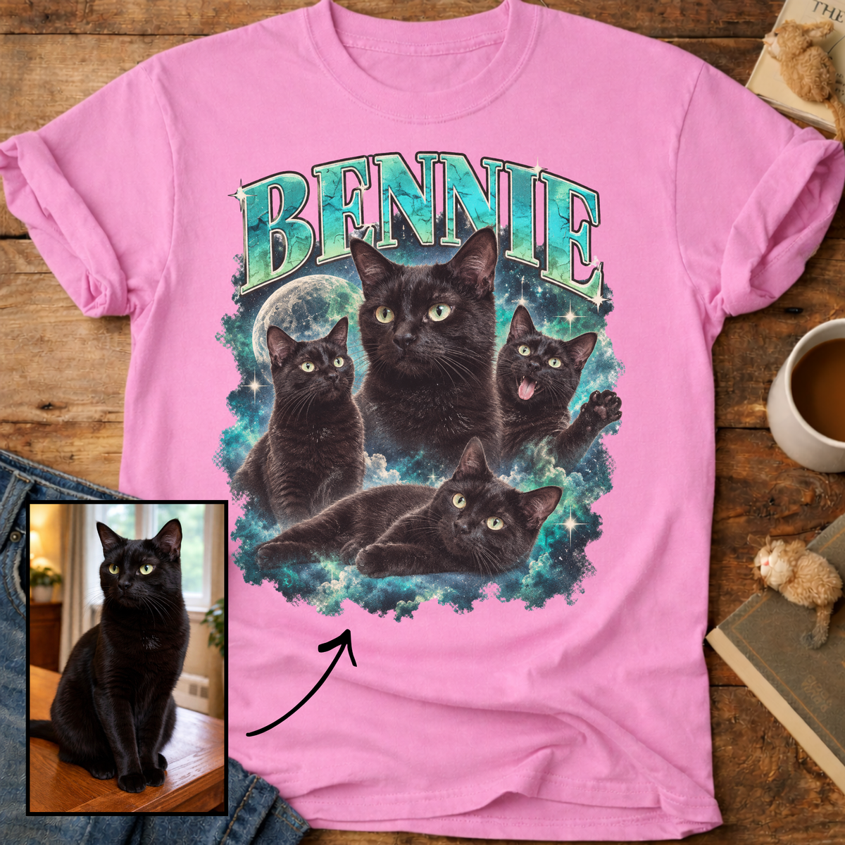 Custom Cat Portrait T-Shirt — Personalized Cat Moon Graphic Tee