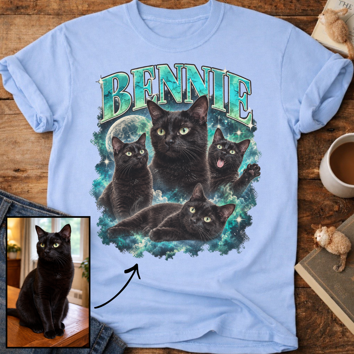 Custom Cat Portrait T-Shirt — Personalized Cat Moon Graphic Tee