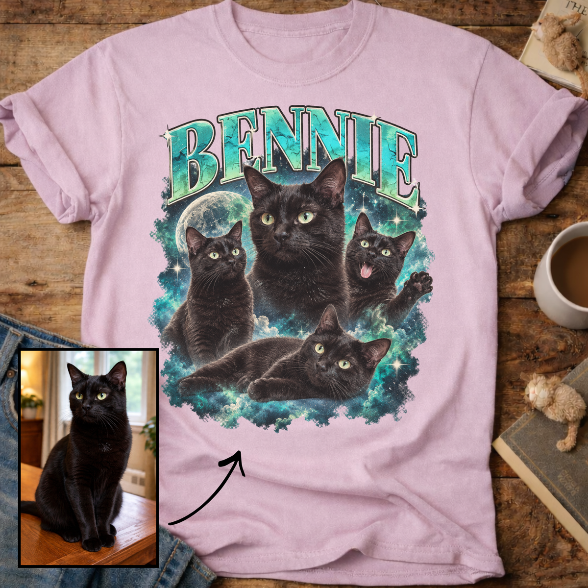 Custom Cat Portrait T-Shirt — Personalized Cat Moon Graphic Tee