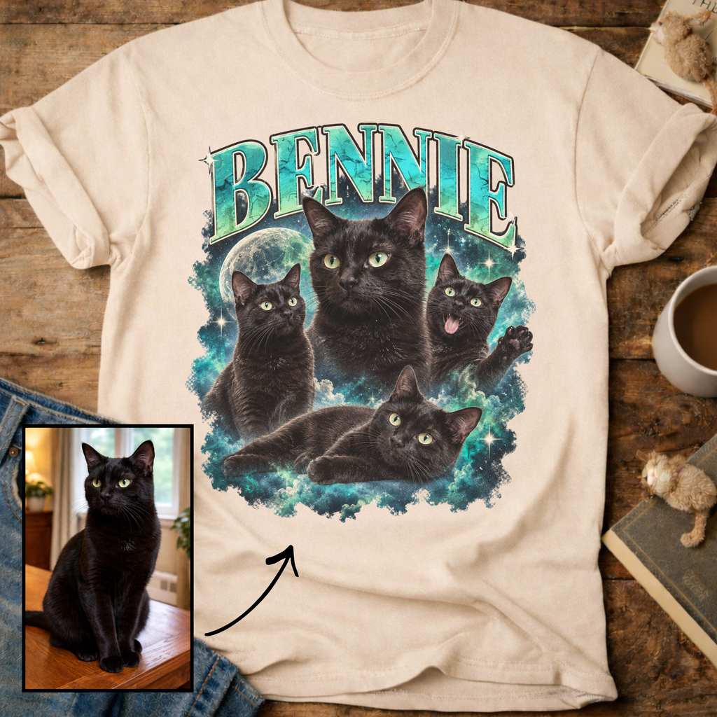 Custom Cat Portrait T-Shirt — Personalized Cat Moon Graphic Tee
