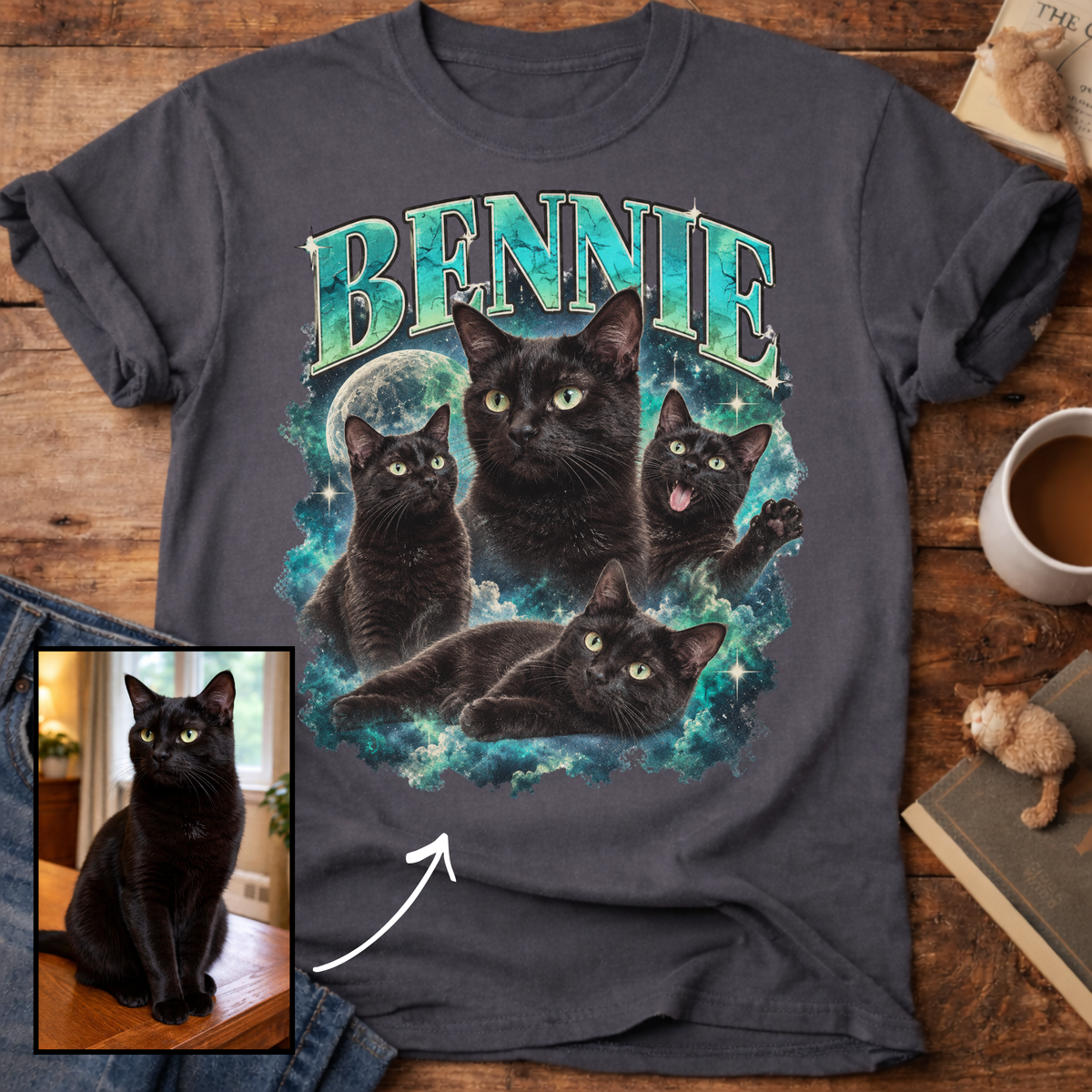 Custom Cat Portrait T-Shirt — Personalized Cat Moon Graphic Tee