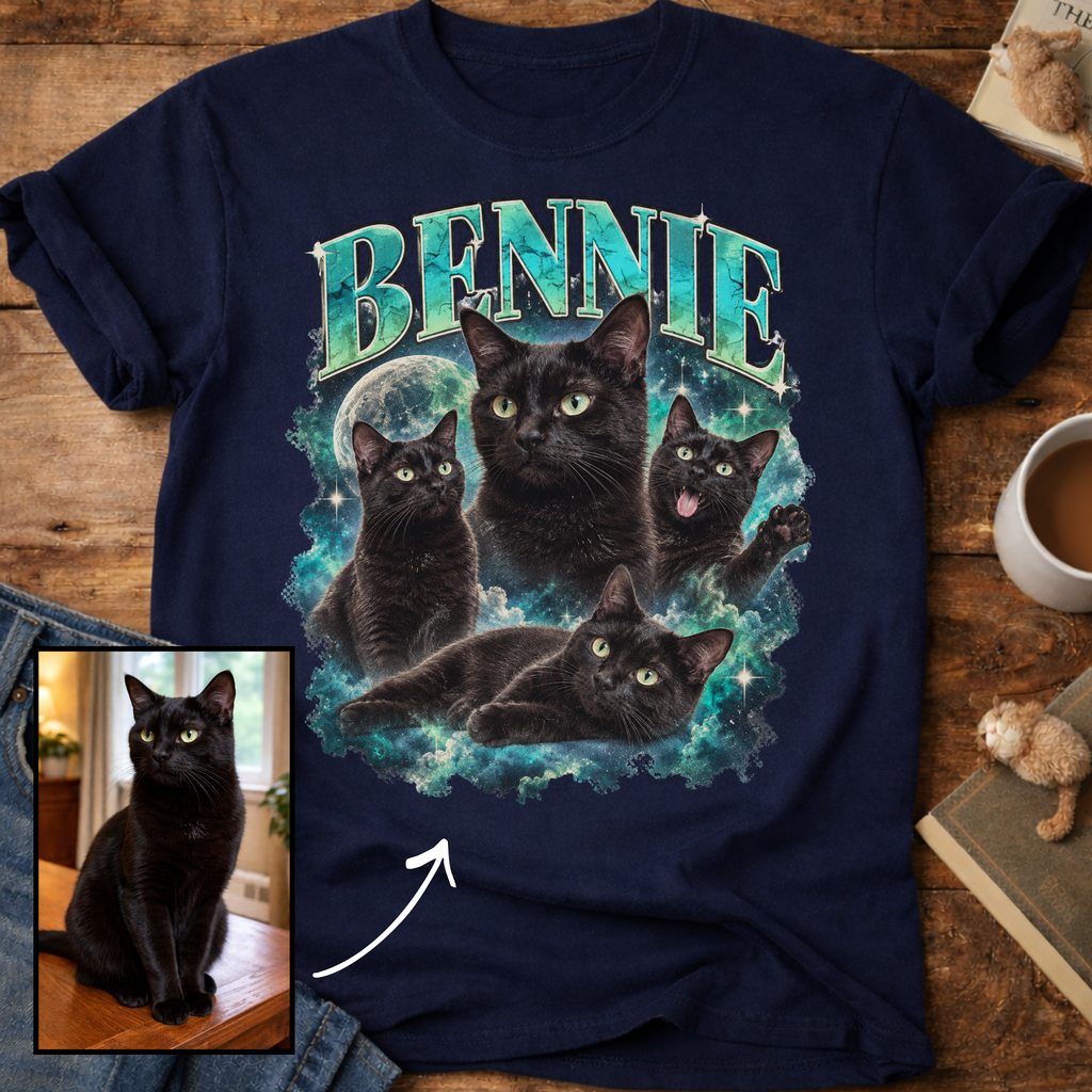 Custom Cat Portrait T-Shirt — Personalized Cat Moon Graphic Tee