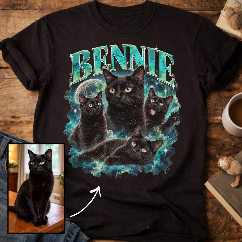 Custom Cat Portrait T-Shirt — Personalized Cat Moon Graphic Tee