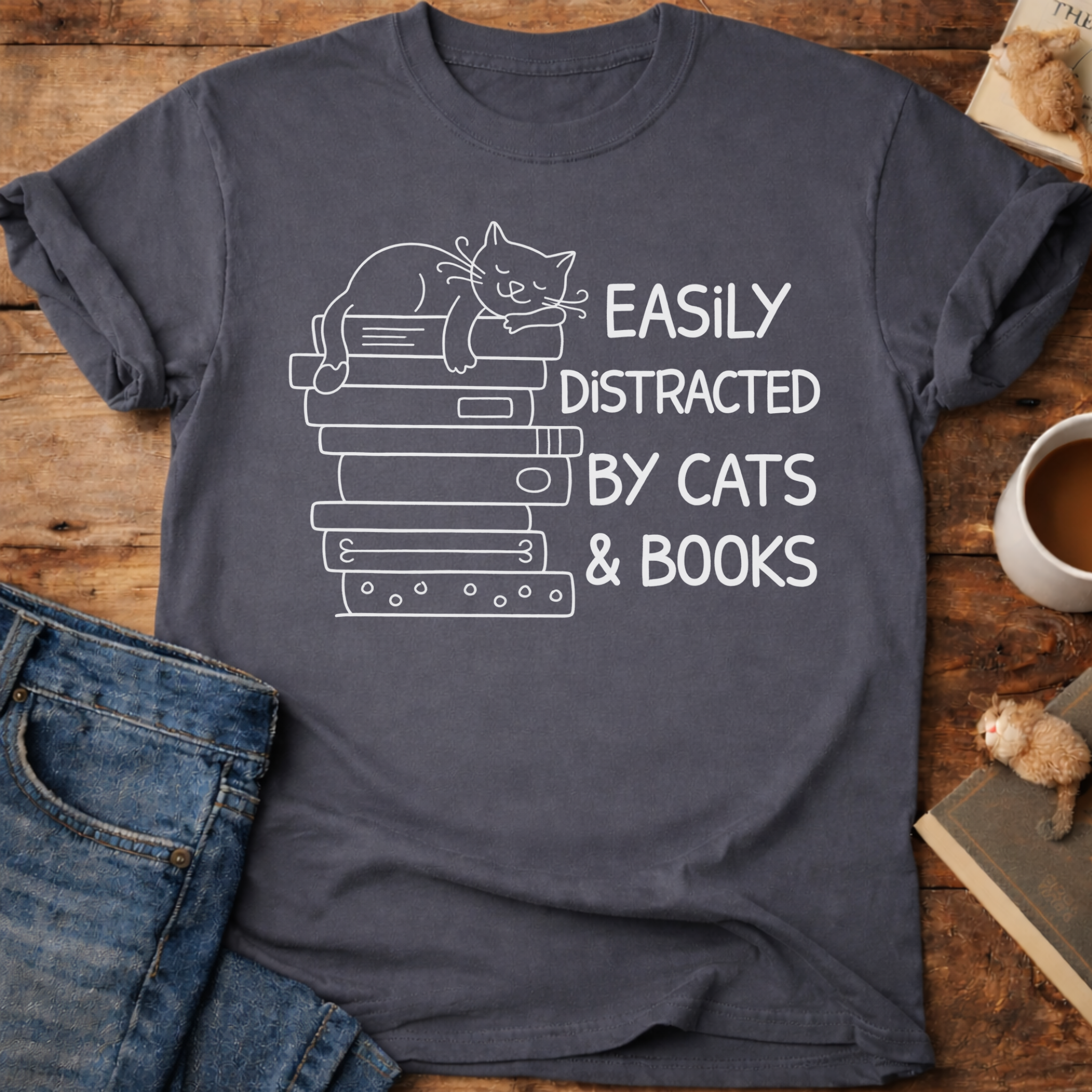 Easily Distracted by Cats & Books T-Shirt
