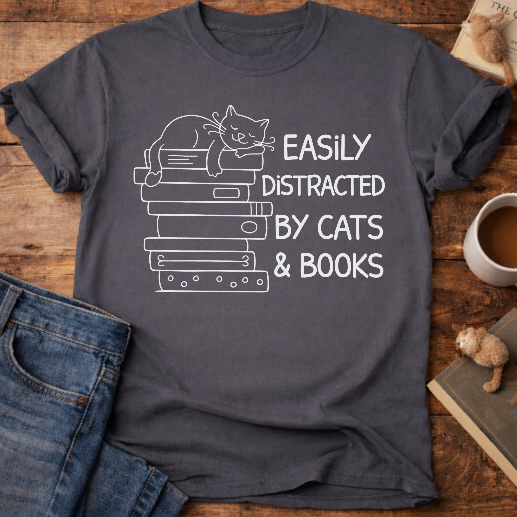 Easily Distracted by Cats & Books T-Shirt