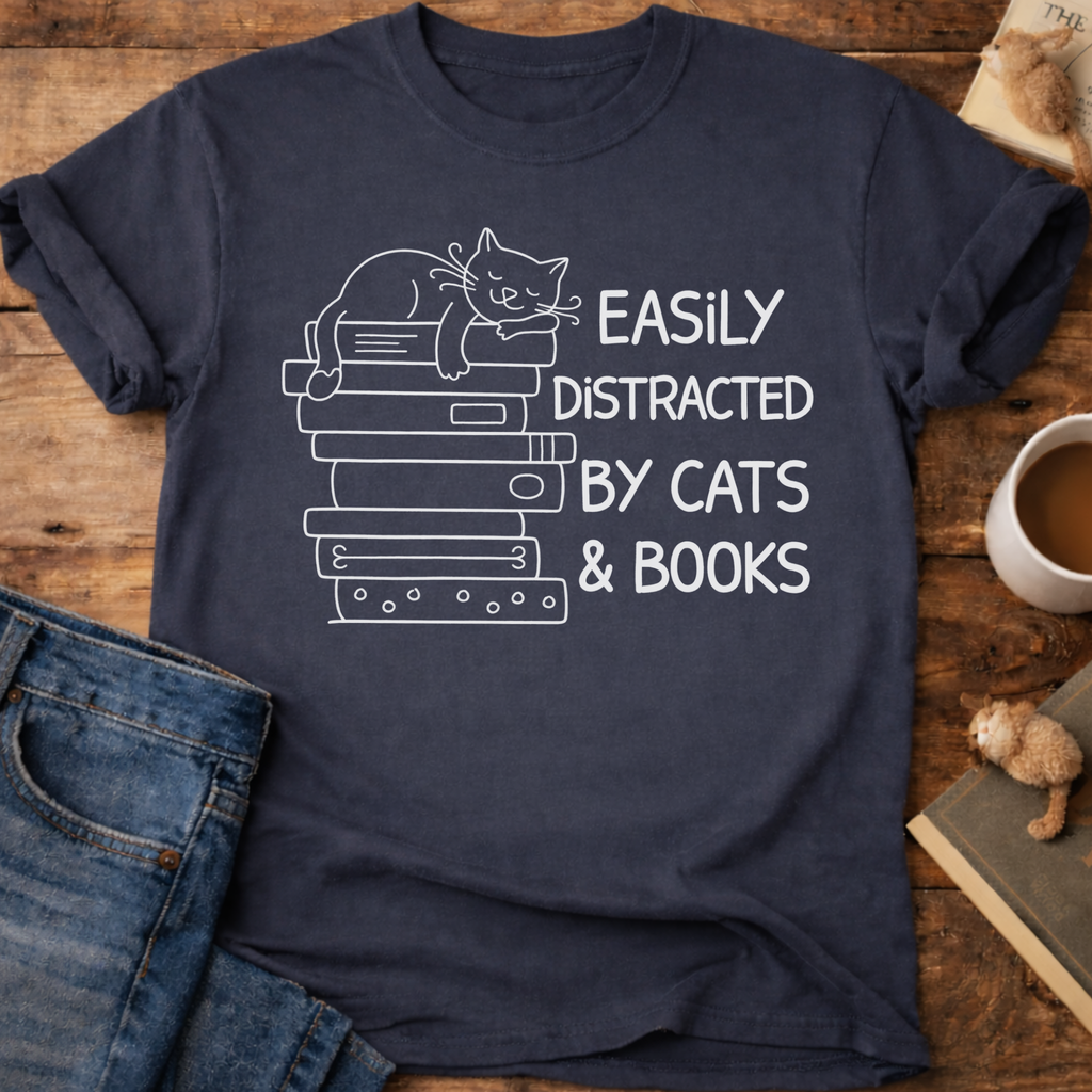 Easily Distracted by Cats & Books T-Shirt