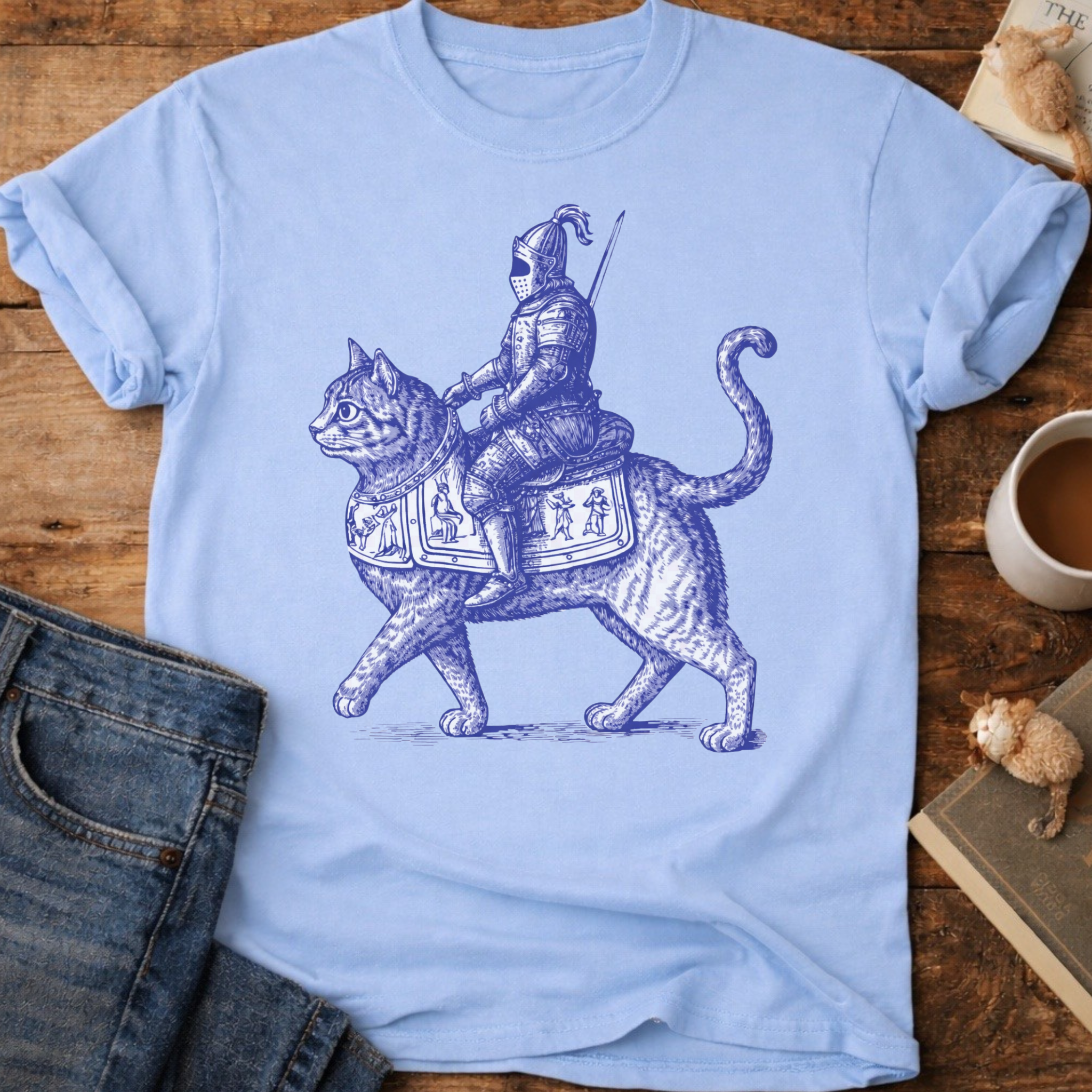 Medieval Knight Riding Cat T-Shirt
