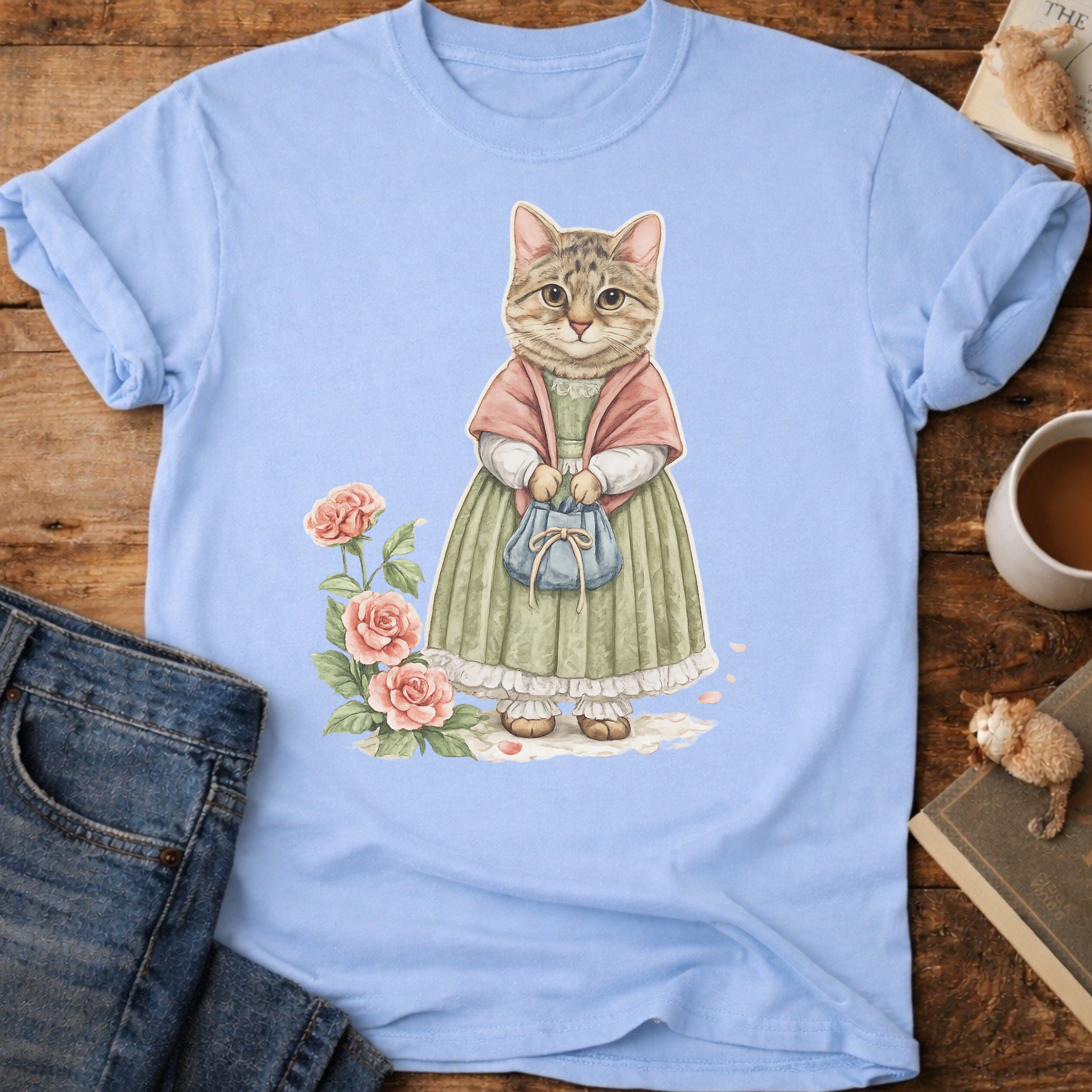 Vintage Floral Cat Portrait T-Shirt