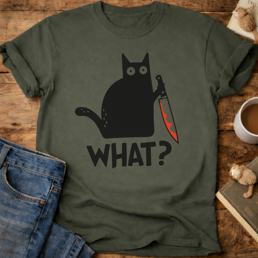 Cat With Knife "What?" T-Shirt