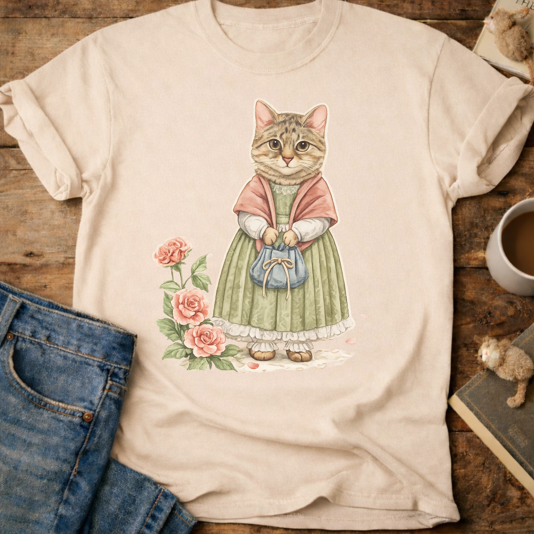 Vintage Floral Cat Portrait T-Shirt