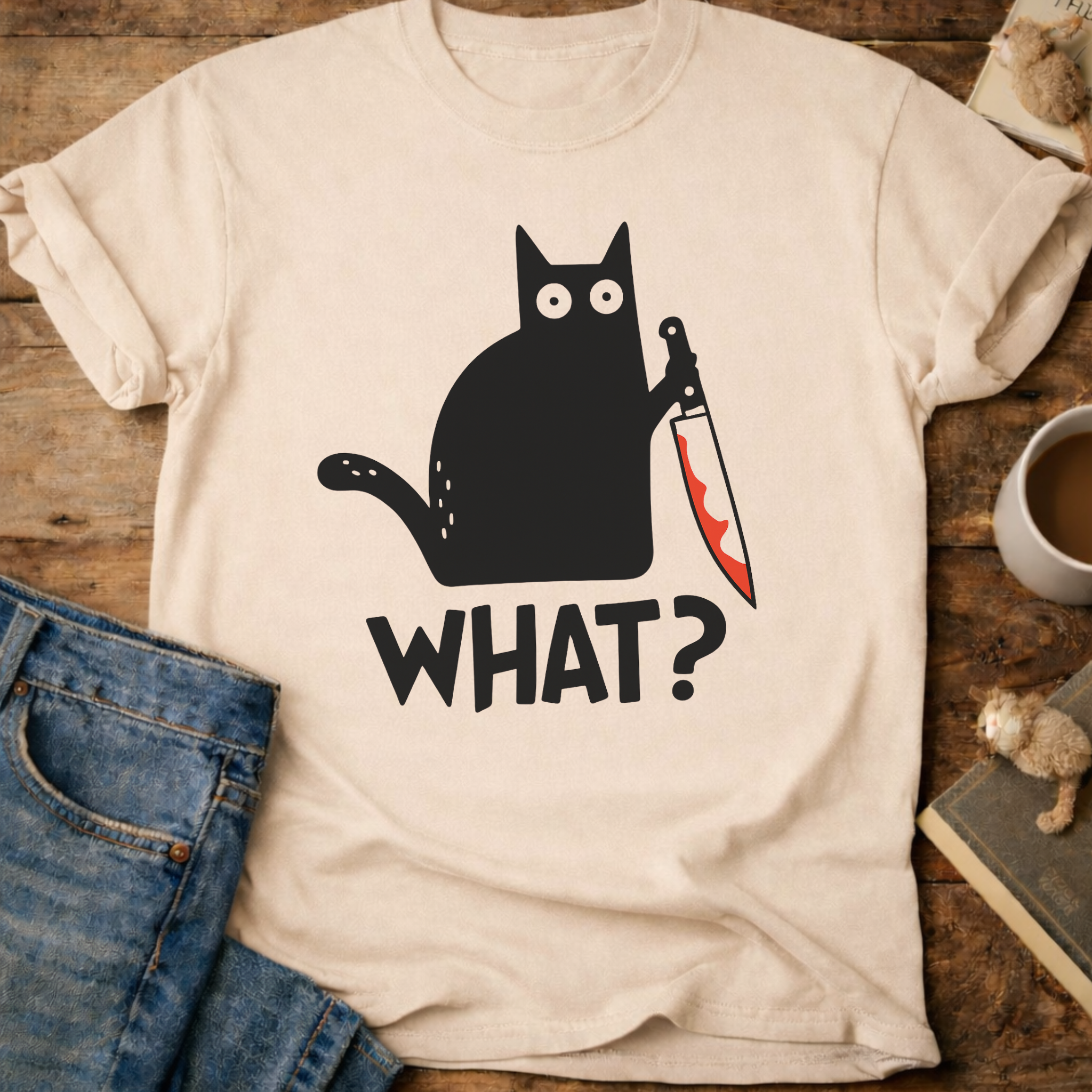 Cat With Knife "What?" T-Shirt