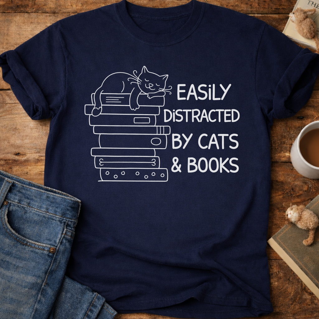 Easily Distracted by Cats & Books T-Shirt