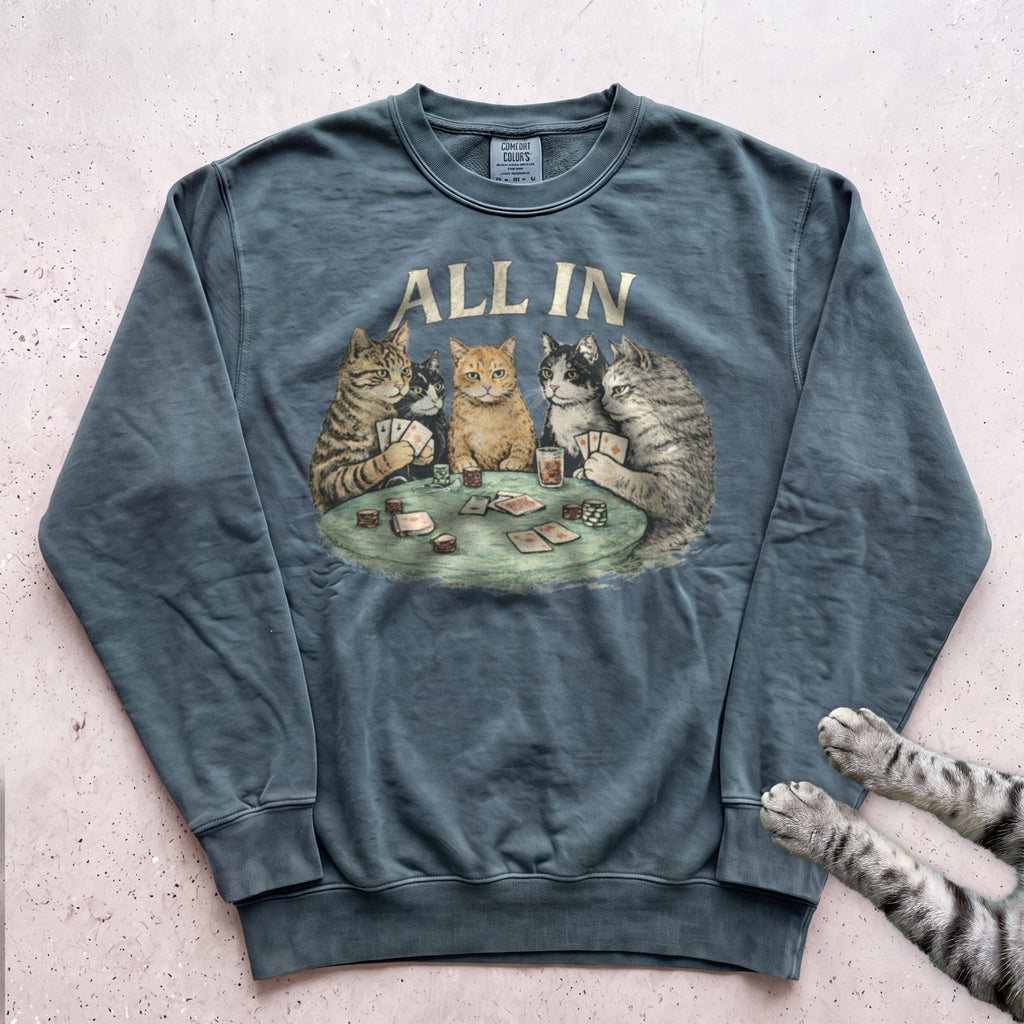 All In Poker Cats Sweatshirt - Blue Spruce
