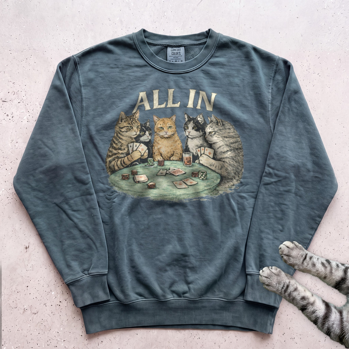 All In Poker Cats Sweatshirt - Blue Spruce