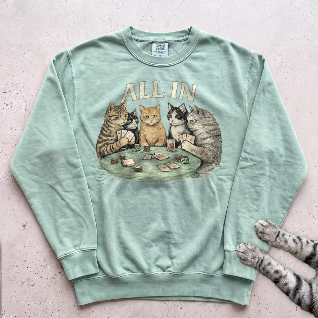 All In Poker Cats Sweatshirt - Light Green