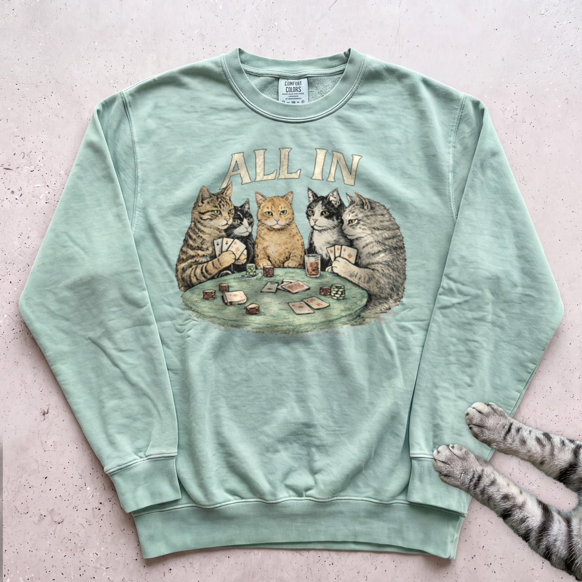 All In Poker Cats Sweatshirt - Light Green