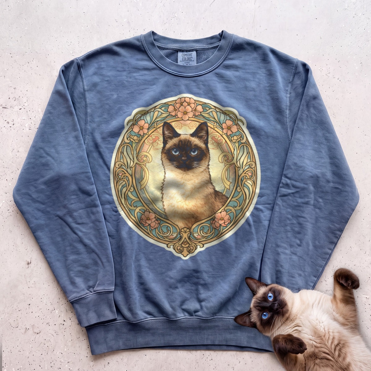 Art Nouveau Cat Portrait Personalized Sweatshirt - Blue Jean