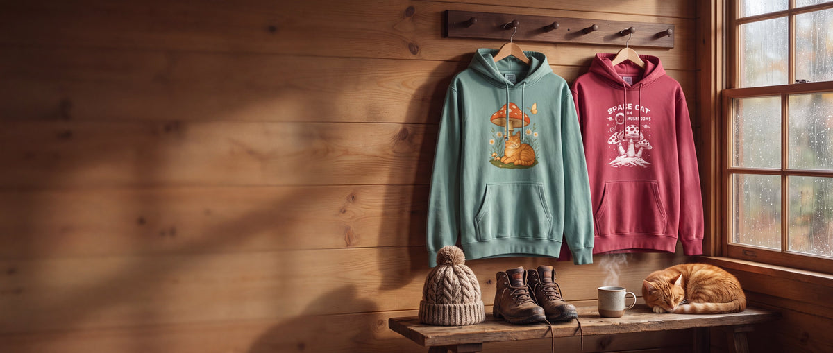 Two Meowtopia cat-art hoodies hanging in a cozy cabin, an orange cat asleep on the bench