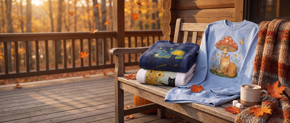 Meowtopia cat-art sweatshirts on a cabin porch bench in autumn